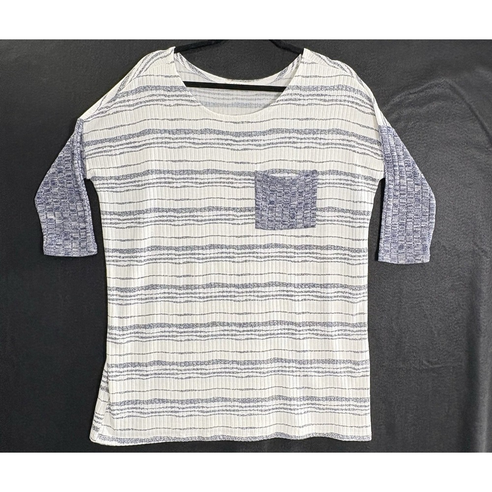 ENTRO Women Oversized Pullover Short Sleeve Striped Shirt Sz S White Blue 92-11